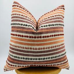 Orange Burgundy Striped Linen Pillow Cover, Tufted Woven Cushion - thumbnail 4