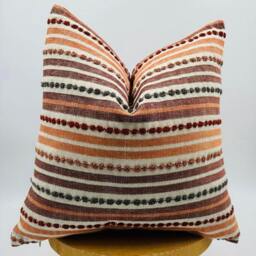 Orange Burgundy Striped Linen Pillow Cover, Tufted Woven Cushion - thumbnail 3