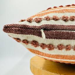 Orange Burgundy Striped Linen Pillow Cover, Tufted Woven Cushion - thumbnail 2