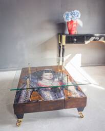 Queen Of Bohemia Coffee Table Walnut Stained Wood, Glass Top, Castor Wheels