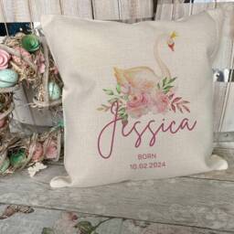 Personalised New Baby Gift - Swan Cushion Nursery Decor Christening Keepsake Girl - thumbnail 3