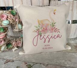 Personalised New Baby Gift - Swan Cushion Nursery Decor Christening Keepsake Girl