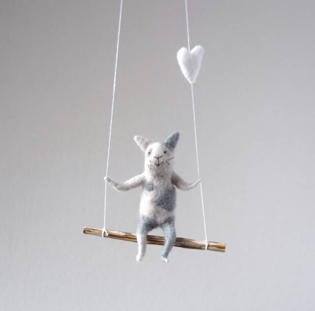 Cat On Swing, White Needle Felted Cat, Nursery Decoration, Baby Crib Mobile, Toy, Mobile - image 1