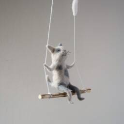 Cat On Swing, White Needle Felted Cat, Nursery Decoration, Baby Crib Mobile, Toy, Mobile - thumbnail 4