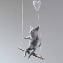 Cat On Swing, White Needle Felted Cat, Nursery Decoration, Baby Crib Mobile, Toy, Mobile - thumbnail 3