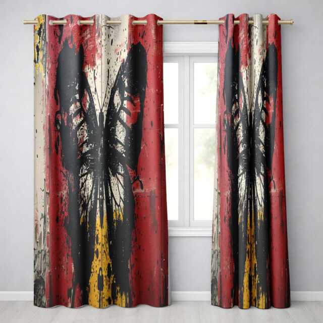 Black Butterfly Red Yellow Urban Graffiti Design Modern Artwork For Bedroom Decor Readymade Eyelet Ring Top Thermal 100% Blackout Curtains - image 1