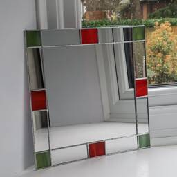Small Art Deco Square Mirror - Orange/Red Stained Glass - thumbnail 4