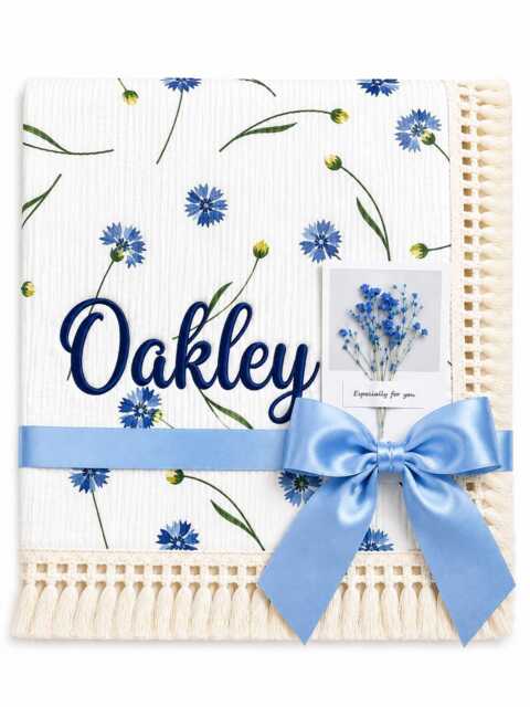 Personalized Floral Muslin Baby Blanket, Embroidered Newborn Gift - image 1