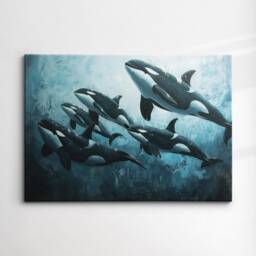 Orcas Whales Animal Abstract Oil Painting Colourful Paint Splatter Style Wall Art Framed Canvas Poster Print, Home/Office Room Decor - thumbnail 3