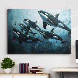 Orcas Whales Animal Abstract Oil Painting Colourful Paint Splatter Style Wall Art Framed Canvas Poster Print, Home/Office Room Decor - thumbnail 1