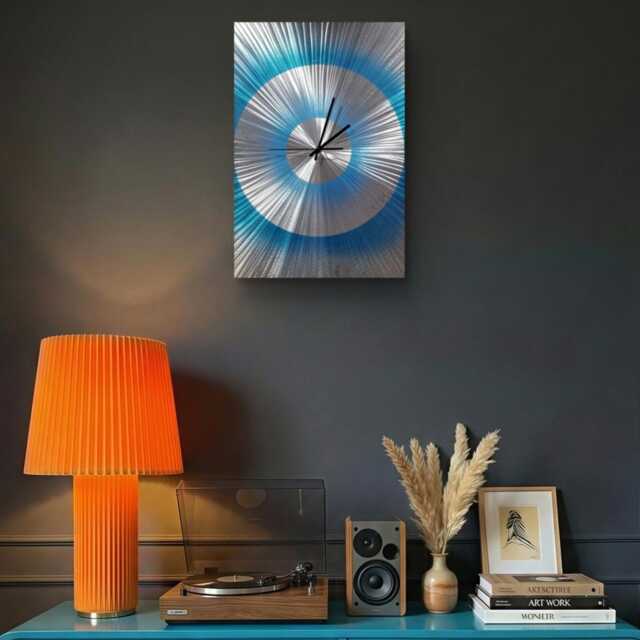 Modern Abstract Metal Artwork Clock. Teal, Blue & Silver - image 1