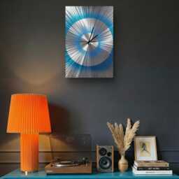 Modern Abstract Metal Artwork Clock. Teal, Blue & Silver