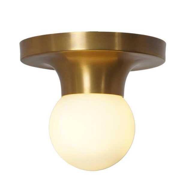Mid Century Modern Brass Flush Mount Ceiling Light With Opal Glass Globe - image 1