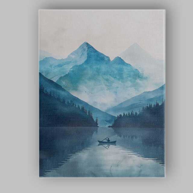 Blue Watercolour Mountain Lake Lone Boat Serene Landscape Canvas Wall Art Print Decor Picture Ready To Hang - image 1