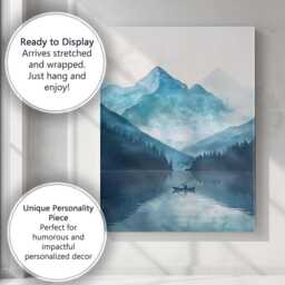 Blue Watercolour Mountain Lake Lone Boat Serene Landscape Canvas Wall Art Print Decor Picture Ready To Hang - thumbnail 3