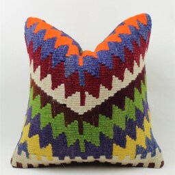 Vintage Kilim Pillow Cover Hand-Spun Wool, Turkish Cotton - 16x16 Inch - thumbnail 2