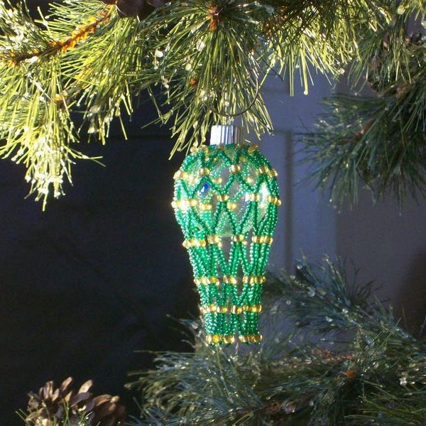 Seed Beaded Christmas Ornament Sleeves, Green & Gold, Set Of 3 - image 1