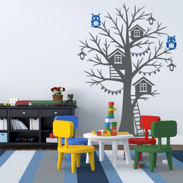 Nursery Tree House Birch Wall Decal With Owls & Birdhouse Vinyl Sticker Removable #1275 - image 1