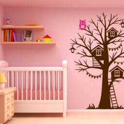 Nursery Tree House Birch Wall Decal With Owls & Birdhouse Vinyl Sticker Removable #1275 - thumbnail 2