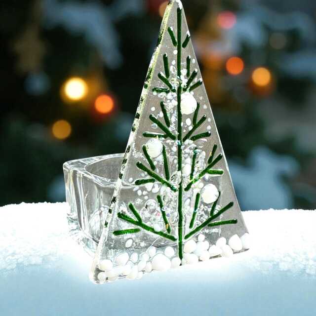 Fused Glass Christmas Tree Tealight Holder Green & White Decoration - image 1