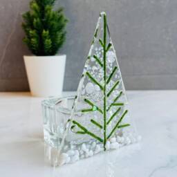 Fused Glass Christmas Tree Tealight Holder Green & White Decoration - thumbnail 3