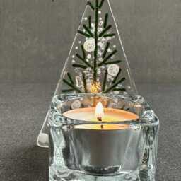 Fused Glass Christmas Tree Tealight Holder Green & White Decoration - thumbnail 4