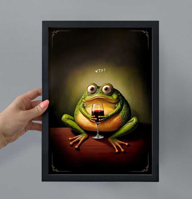 Framed Wtf Frog With Wine Print, Funny Hilarious Kitchen Shelf Decor, Lover Froggy Gift, Whimsical Toad Quirky Wall Art Poster in Frame - image 1