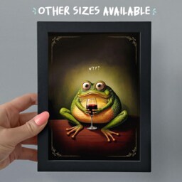 Framed Wtf Frog With Wine Print, Funny Hilarious Kitchen Shelf Decor, Lover Froggy Gift, Whimsical Toad Quirky Wall Art Poster in Frame - thumbnail 3