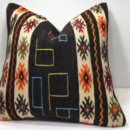 Vintage Turkish Kilim Pillow, Handwoven Goat Hair Cushion, 20x20 - thumbnail 2