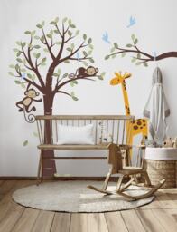 Playful Safari Nursery Wall Decal Monkeys & Giraffe Tree Mural For Baby Room Decor