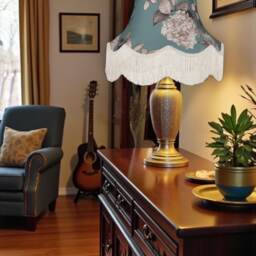 Teal Blue Hydrangea Lampshade With Cream Fringe Handmade For Ceiling Lights, Table & Floor Standard Lamp Shades - thumbnail 3