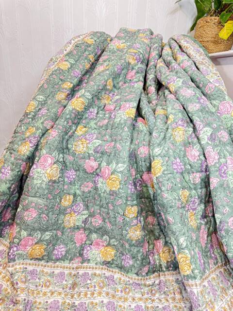 Pure Soft Cotton Indian Floral Quilt Reversible Bed/Sofa Throw King Size Handmade Handprint Sage Pastel Green White Roses - image 1
