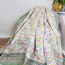 Pure Soft Cotton Indian Floral Quilt Reversible Bed/Sofa Throw King Size Handmade Handprint Sage Pastel Green White Roses - thumbnail 2