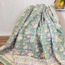 Pure Soft Cotton Indian Floral Quilt Reversible Bed/Sofa Throw King Size Handmade Handprint Sage Pastel Green White Roses - thumbnail 4