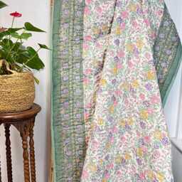 Pure Soft Cotton Indian Floral Quilt Reversible Bed/Sofa Throw King Size Handmade Handprint Sage Pastel Green White Roses - thumbnail 3