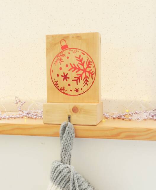 Rustic Wooden Stocking Holder Freestanding Mantel Hook With Bauble - image 1