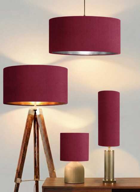 New Luxury Handmade Cranberry Red Velvet Upholstery Drum Lamp Shade Pendant Light With Metallic Panels Lining All Sizes - image 1