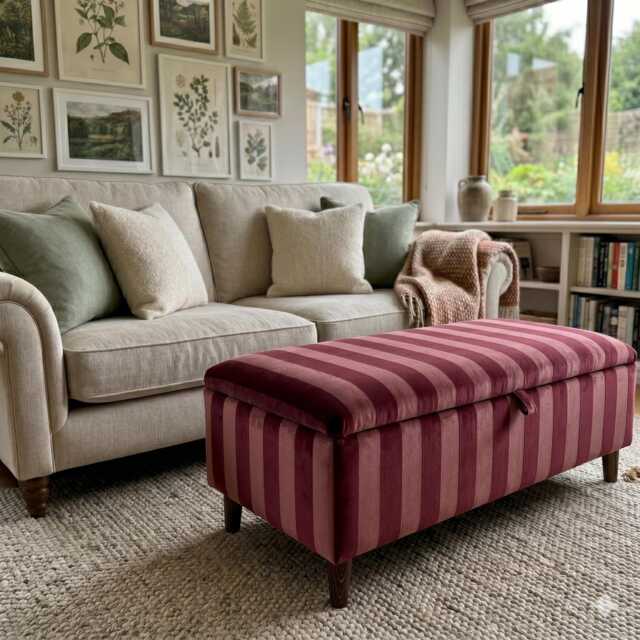 Footstool in Bold Stripes Handmade Upholstered Storage Ottoman With Wooden Legs Clarke & Haldon Velvet - image 1