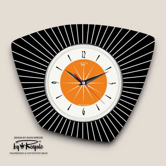 Royalexe Laminated Asymmetric Wall Clock From Royale - Midcentury French Retro Style in Black & Tangerine - image 1