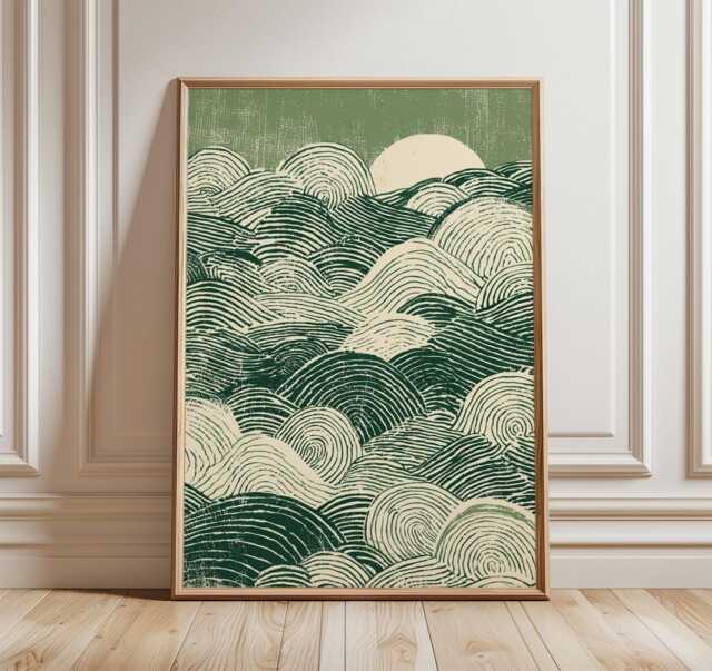 Japanese Green Waves Poster, Modern Hokusai Inspired Wall Art, Minimalist Abstract Ocean Print, Zen Seascape Home Decor - image 1