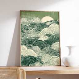 Japanese Green Waves Poster, Modern Hokusai Inspired Wall Art, Minimalist Abstract Ocean Print, Zen Seascape Home Decor - thumbnail 2