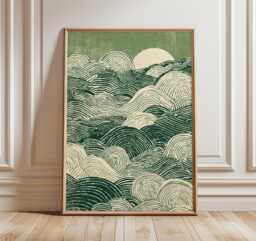 Japanese Green Waves Poster, Modern Hokusai Inspired Wall Art, Minimalist Abstract Ocean Print, Zen Seascape Home Decor - thumbnail 1