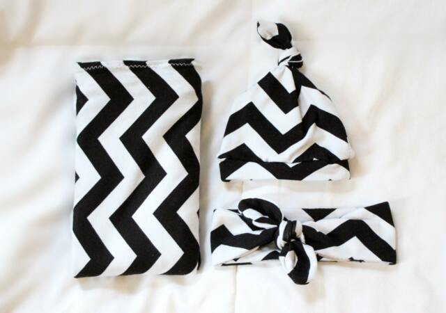 Chevron Swaddle Blanket, Gender Neutral Hat, Headband , Top Knot Headband, Black & White Swaddle, Baby Shower Gift, Newborn Outfit - image 1