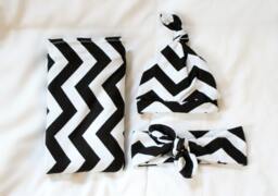 Chevron Swaddle Blanket, Gender Neutral Hat, Headband , Top Knot Headband, Black & White Swaddle, Baby Shower Gift, Newborn Outfit