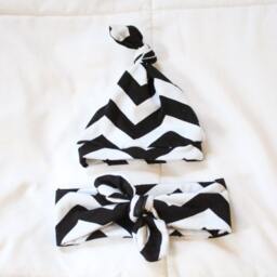 Chevron Swaddle Blanket, Gender Neutral Hat, Headband , Top Knot Headband, Black & White Swaddle, Baby Shower Gift, Newborn Outfit - thumbnail 4