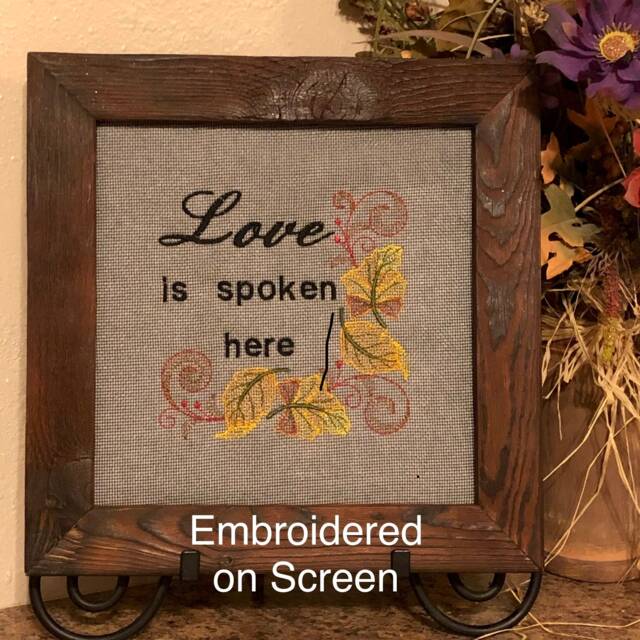 Love Couple Wedding Family Cherish Wall Hanging, Embroidered Screen, Is Spoken Here, Charred Pinewood, Brown Yellow, Unique Decor Gift - image 1
