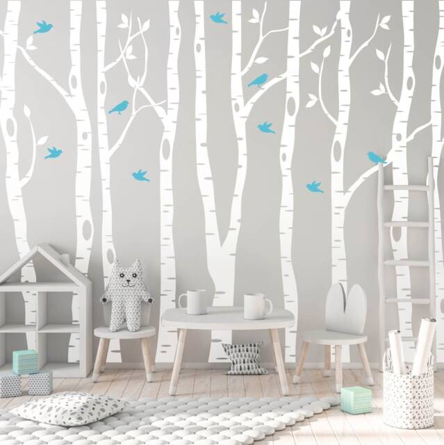 Birch Tree Decals For Wall, Birds Vinyl Art Mural, White Woodland Outdoor Themed Kids Room Sticker, Removable Branches & Leaves Decor - image 1