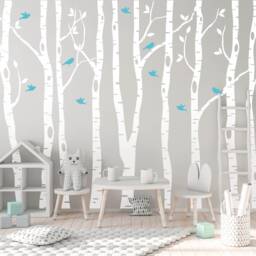 Birch Tree Decals For Wall, Birds Vinyl Art Mural, White Woodland Outdoor Themed Kids Room Sticker, Removable Branches & Leaves Decor - thumbnail 1