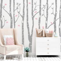 Birch Tree Decals For Wall, Birds Vinyl Art Mural, White Woodland Outdoor Themed Kids Room Sticker, Removable Branches & Leaves Decor - thumbnail 3