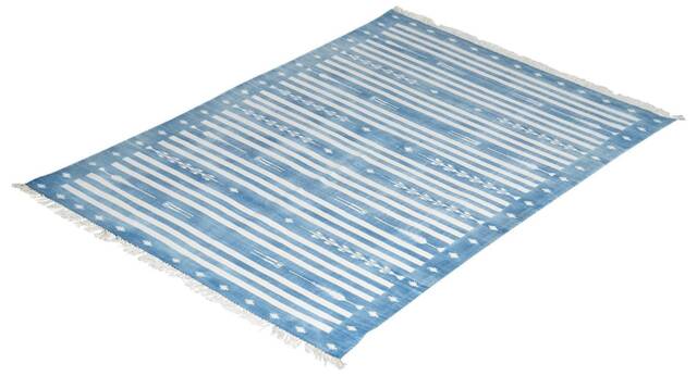 Indigo Patina Blue Handwoven Cotton Dhurrie Rug - Vintage Jailhouse Style Flatweave - image 1